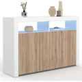 Vaisselier ELIGHT 110 cm blanc et bois effet hetre avec niches ouvertes et systeme lumineux integre pour salon