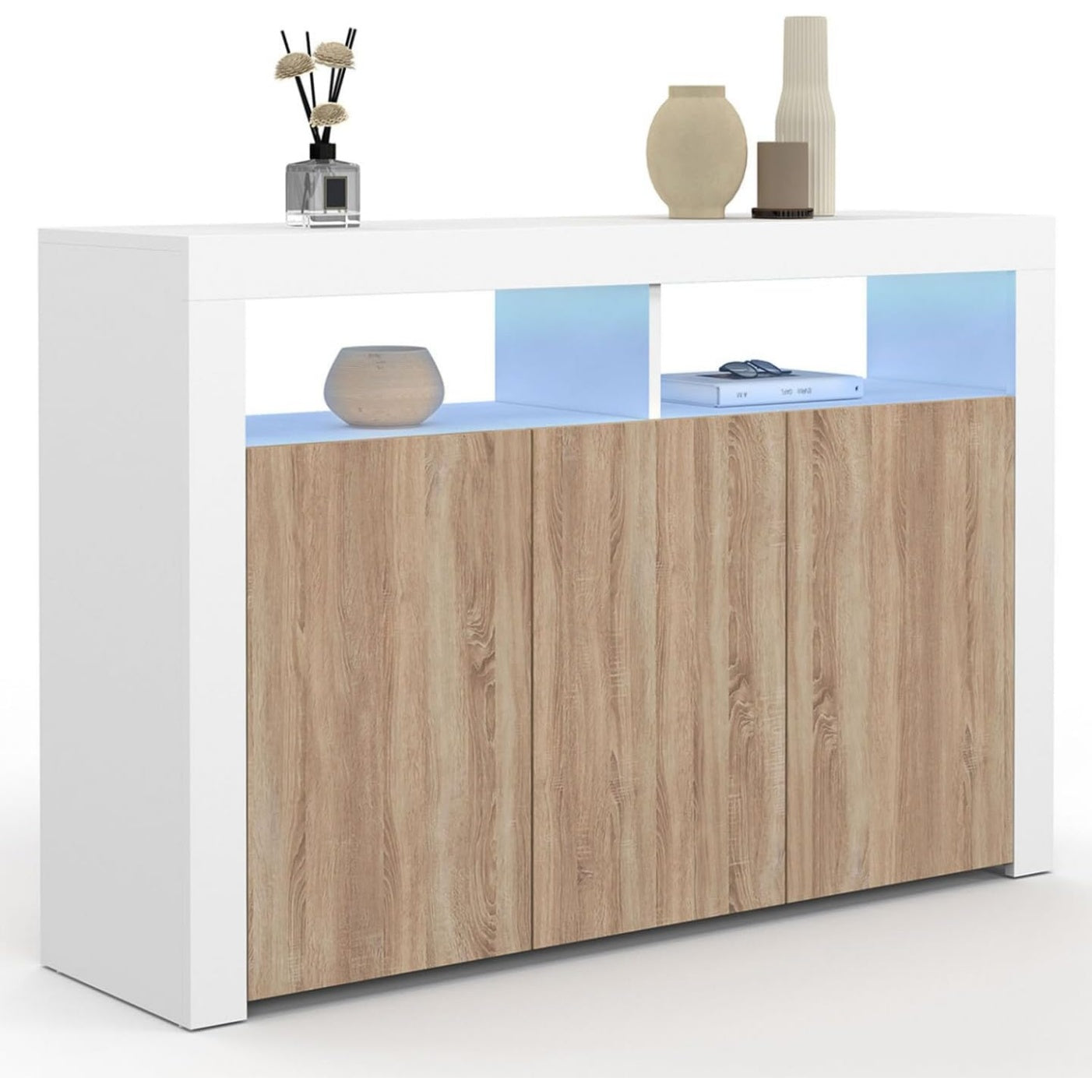 Vaisselier ELIGHT 110 cm blanc et bois effet hetre avec niches ouvertes et systeme lumineux integre pour salon