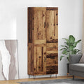 Armoire haute bois vieilli 180 cm avec poignees metal, portes rabattables et grande capacite de rangement interieur