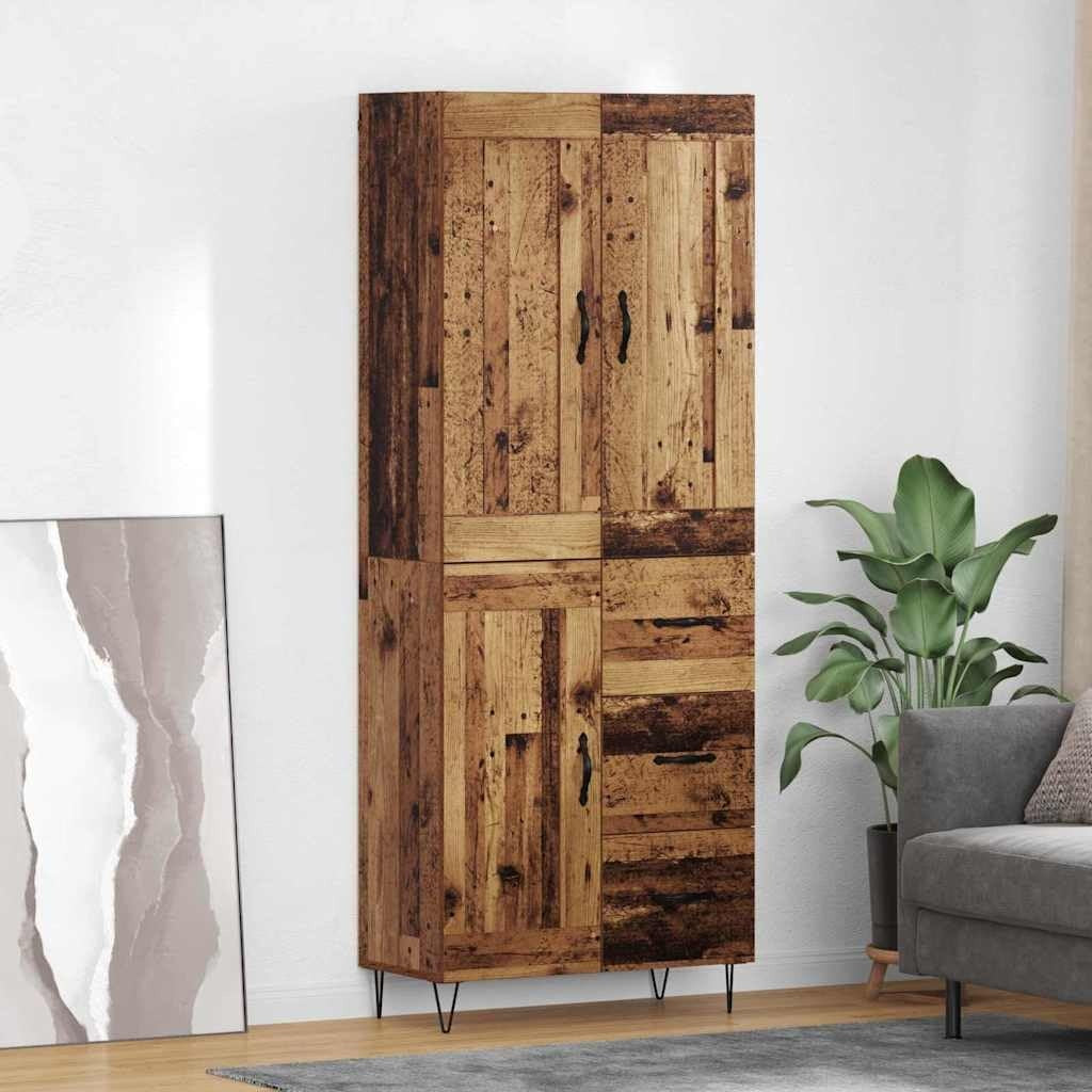 Armoire haute bois vieilli 180 cm avec poignees metal, portes rabattables et grande capacite de rangement interieur