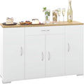 Meuble compact blanc 110 cm avec quatre placards et tiroir central, ideal pour salon ou salle a manger