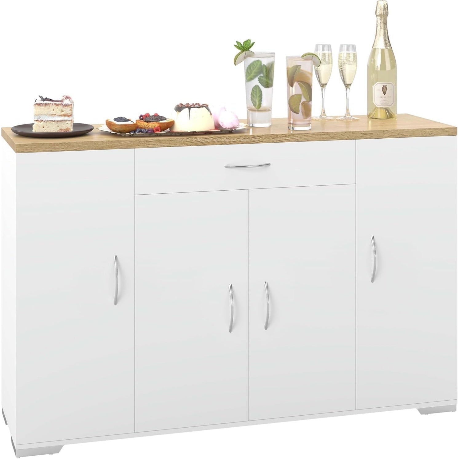 Meuble compact blanc 110 cm avec quatre placards et tiroir central, ideal pour salon ou salle a manger