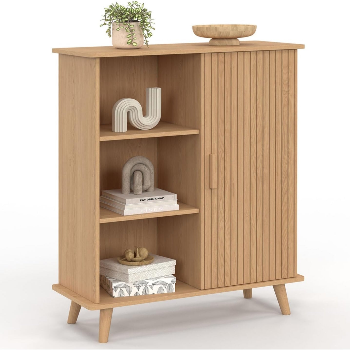 Petit meuble Juliette 70 cm avec placard ferme et trois etageres, finition bois a rainures decoratives