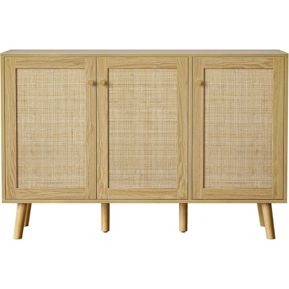 Buffet cannage avec 3 portes et etageres reglables, meuble de rangement polyvalent pour salon salle a manger ou cuisine, 40 x 120 x 82 cm