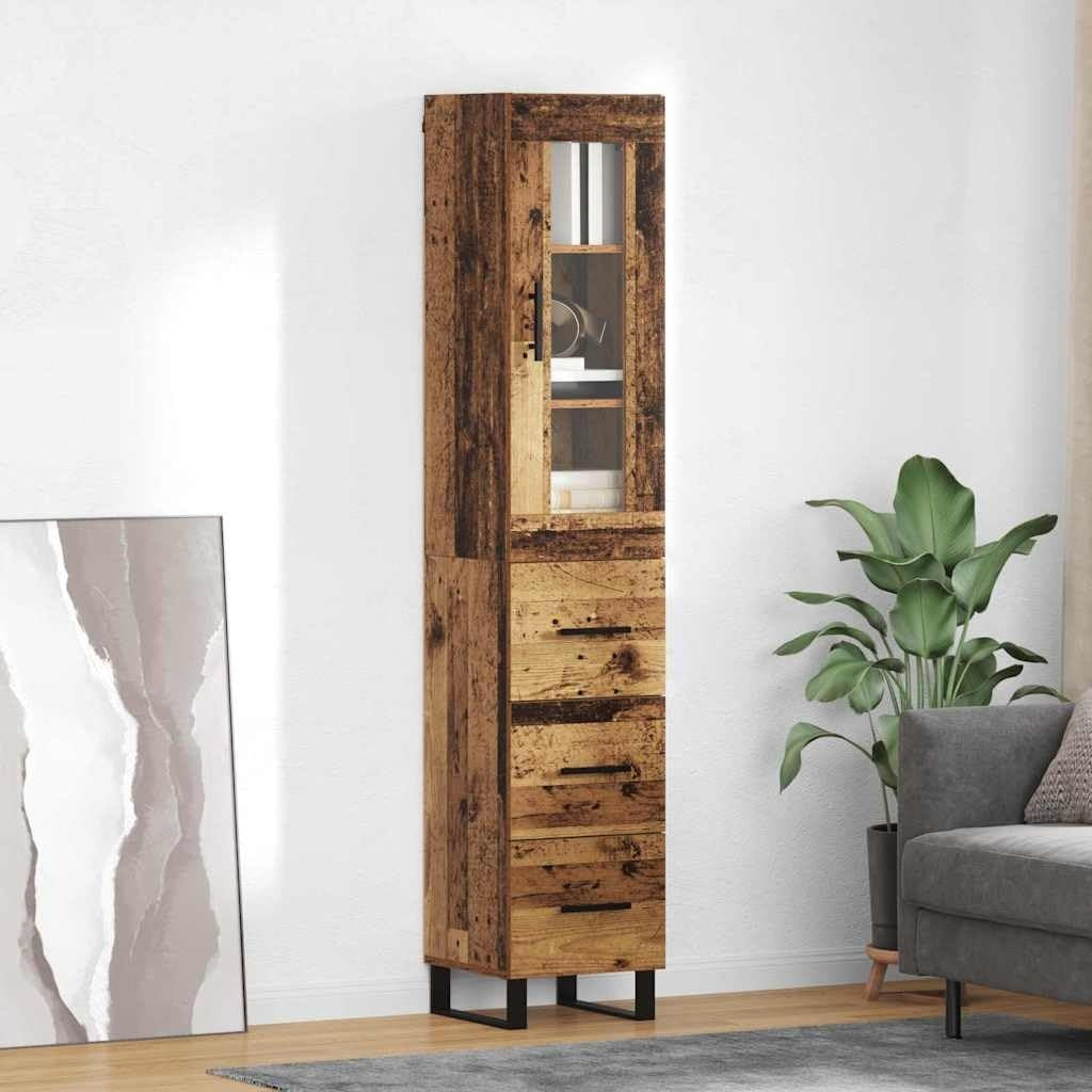 Colonne buffet finition bois ancien 34,5 x 34 x 180 cm avec trois tiroirs et une porte, ideale pour organiser cuisine et sejour