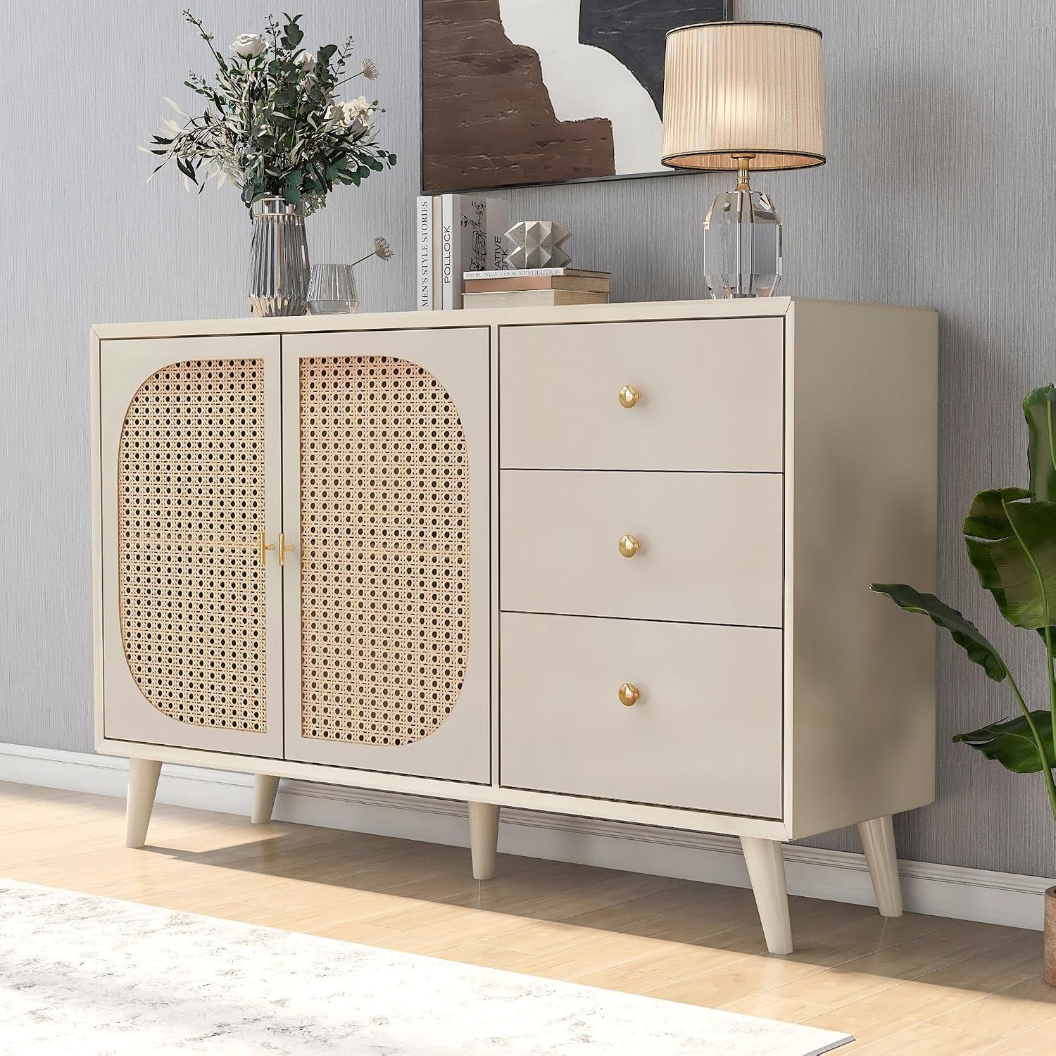 Meuble polyvalent blanc creme 120 x 40 x 82,5 cm avec portes et tiroirs, ideal comme buffet, meuble TV ou rangement de salon