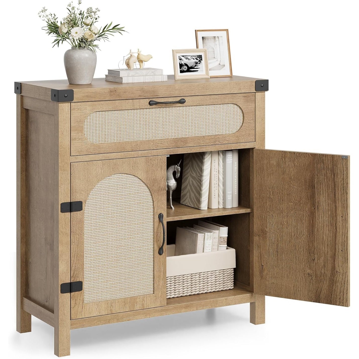 Meuble rotin naturel 80 cm avec tiroir et etageres reglables, rangement boheme pour salon salle a manger ou entree