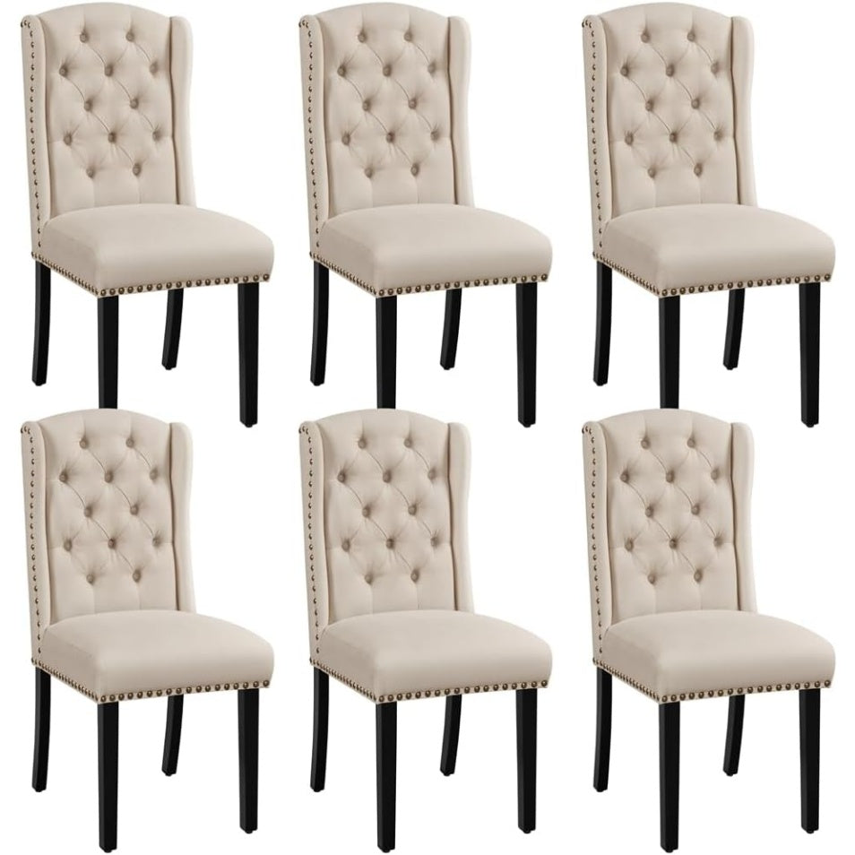 Lot de six chaises en tissu beige effet lin, dossier capitonne, pieds en bois massif et details clous dores