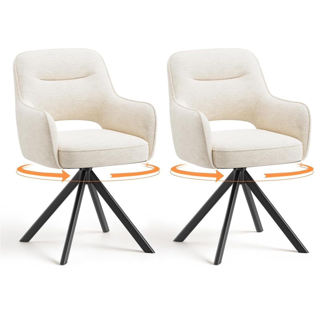 Deux fauteuils pivotants beige en velours avec accoudoirs et pieds metalliques pour salle a manger