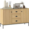 Meuble cuisine naturel avec deux placards et trois tiroirs, dimensions 120 x 39,5 x 77 cm, rangement fonctionnel