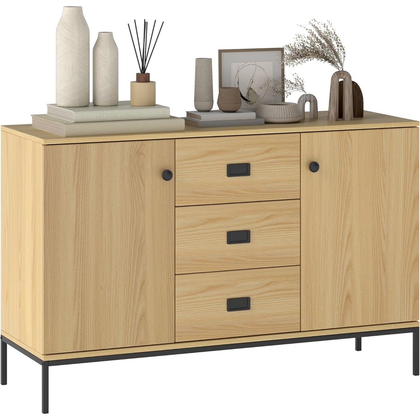 Meuble cuisine naturel avec deux placards et trois tiroirs, dimensions 120 x 39,5 x 77 cm, rangement fonctionnel