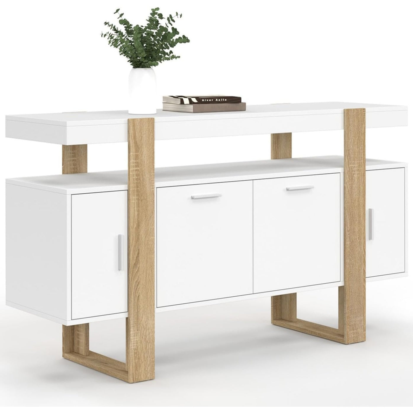 Buffet 140 cm blanc et bois avec quatre portes pour interieur moderne