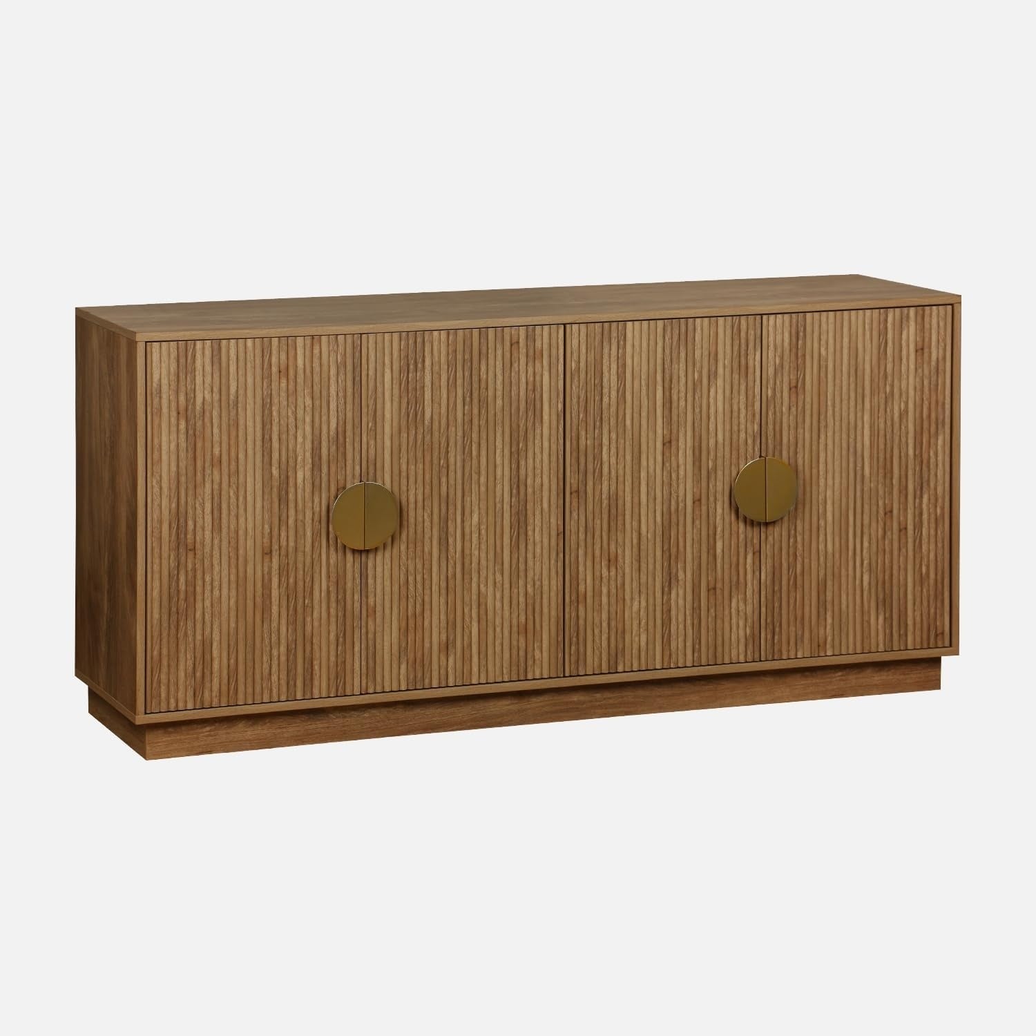Meuble bas en manguier rainure 160 x 40 x 75 cm avec quatre compartiments fermes et details metalliques dores, style exotique elegant
