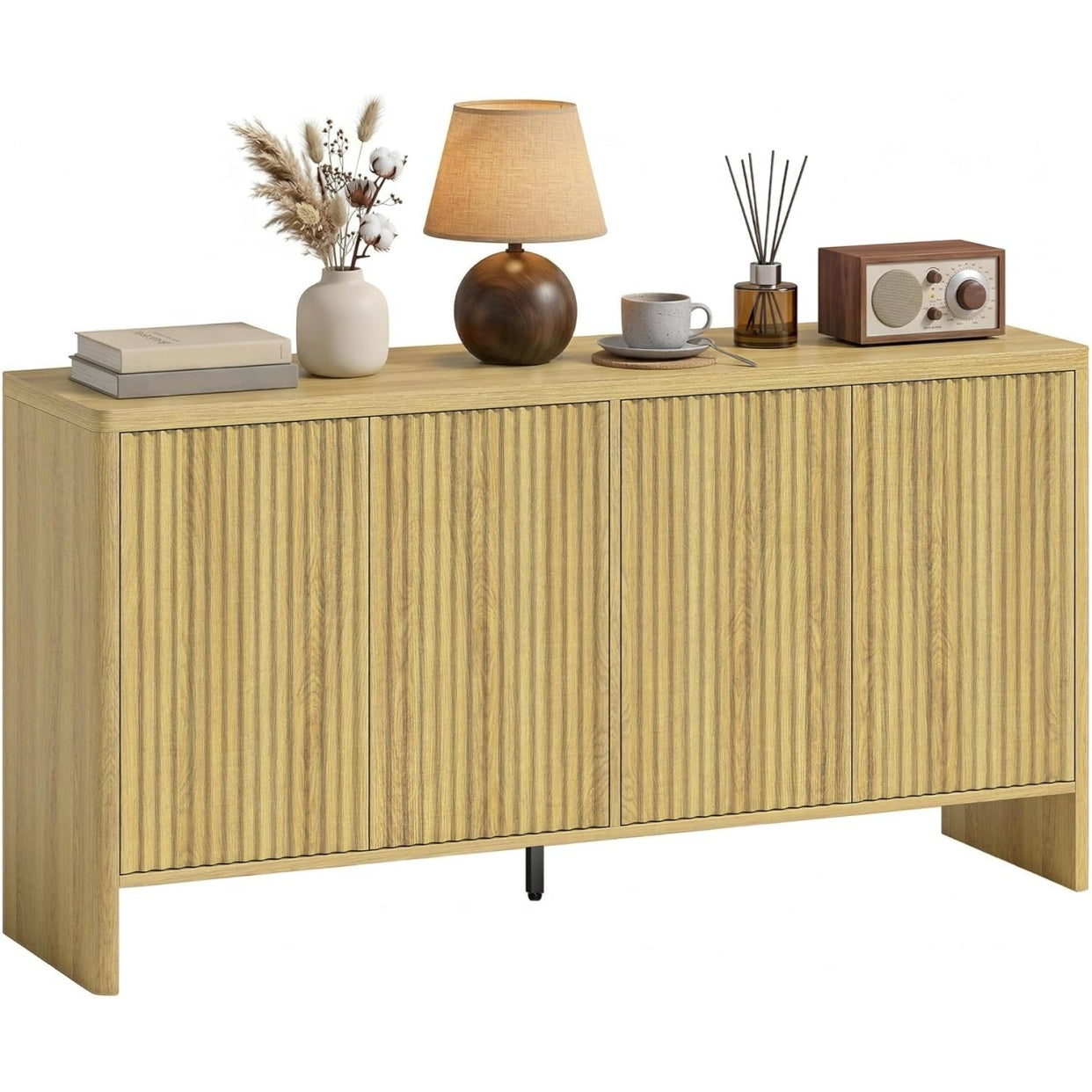 Meuble de rangement avec facade rainuree, quatre portes et etagere reglable, largeur 147 cm, finition chene naturelle