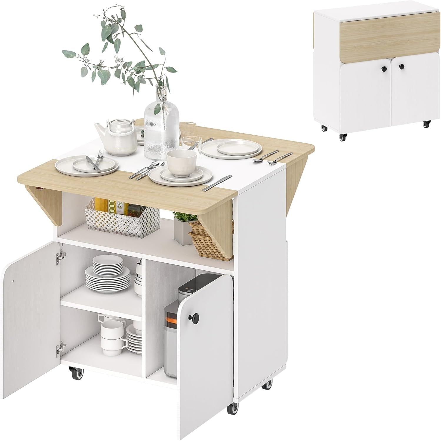 Table repas blanche rabattable avec roulettes et etagere integree, format pratique pour cuisine ou salle a manger