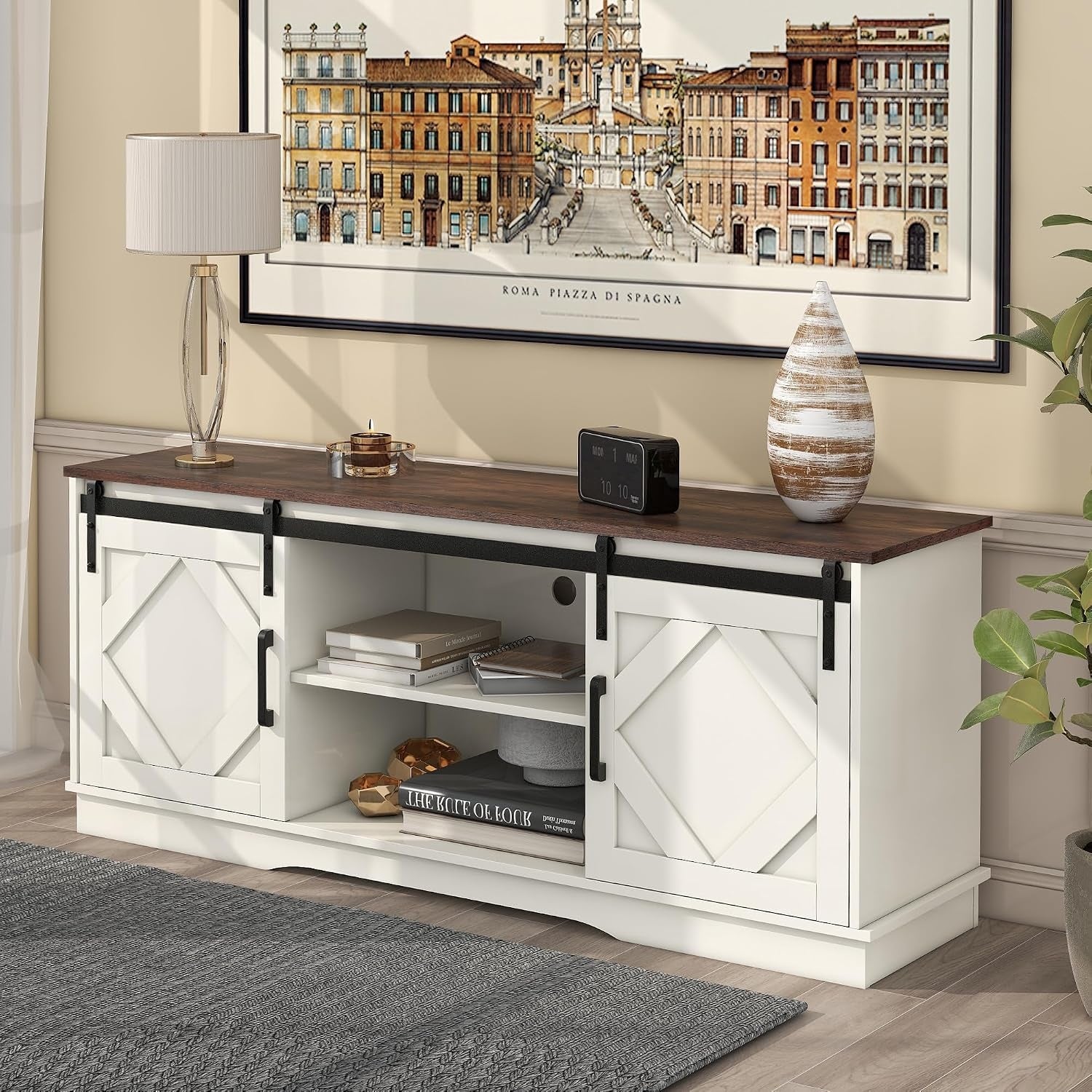 Meuble TV avec buffet integre 150 x 40 x 60 cm, 2 portes coulissantes, etageres ajustables et design cottage moderne marron et blanc