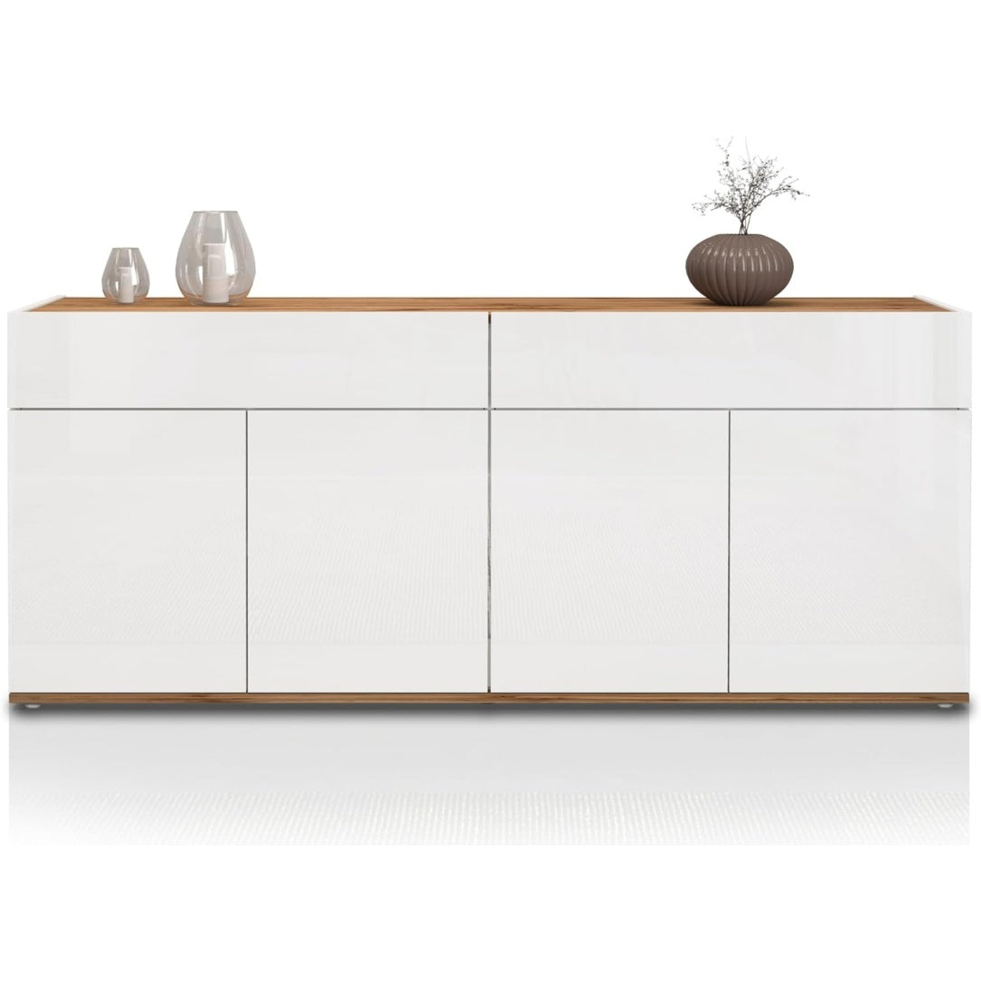 Buffet salon 160 x 35 x 70 cm avec quatre portes et deux tiroirs, finition blanc brillant et chene