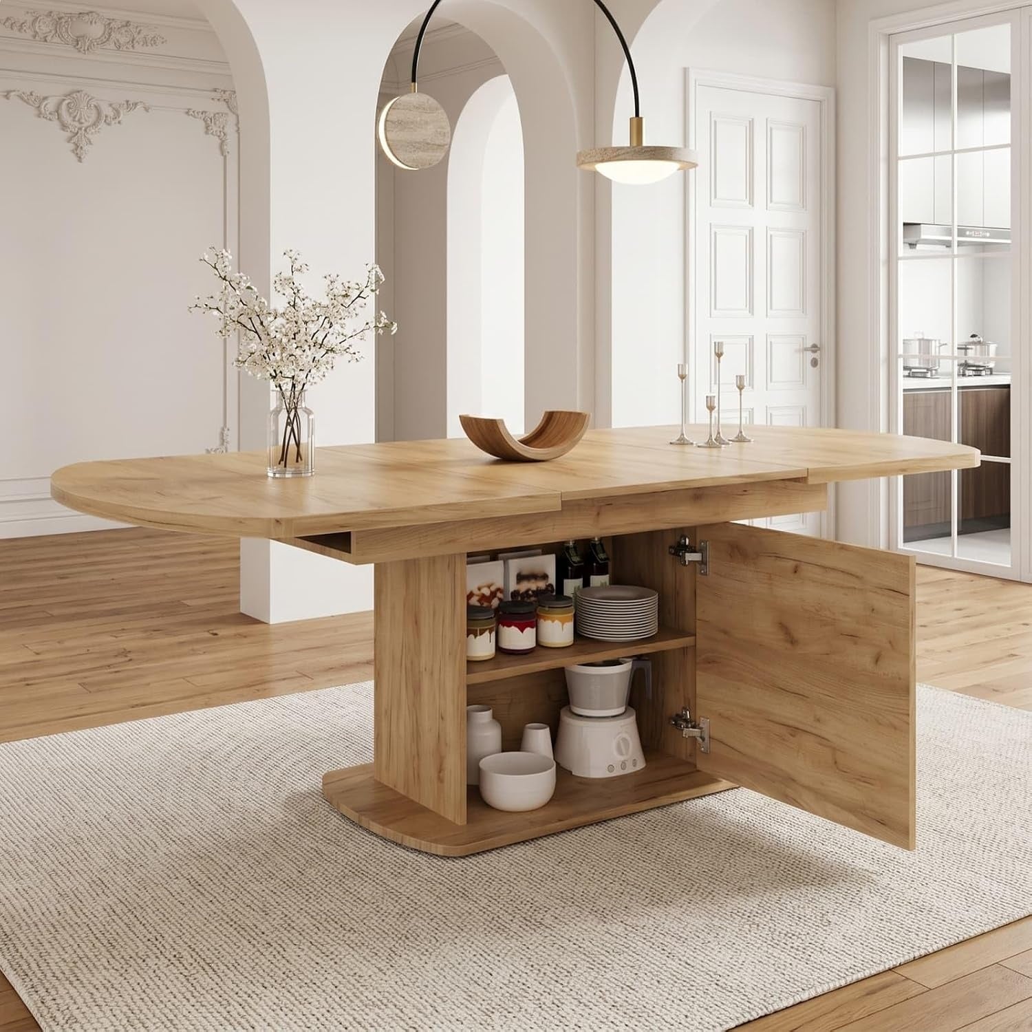 Table ovale extensible 140 a 200 cm avec tiroir integre et rangement pratique, finition chene naturel