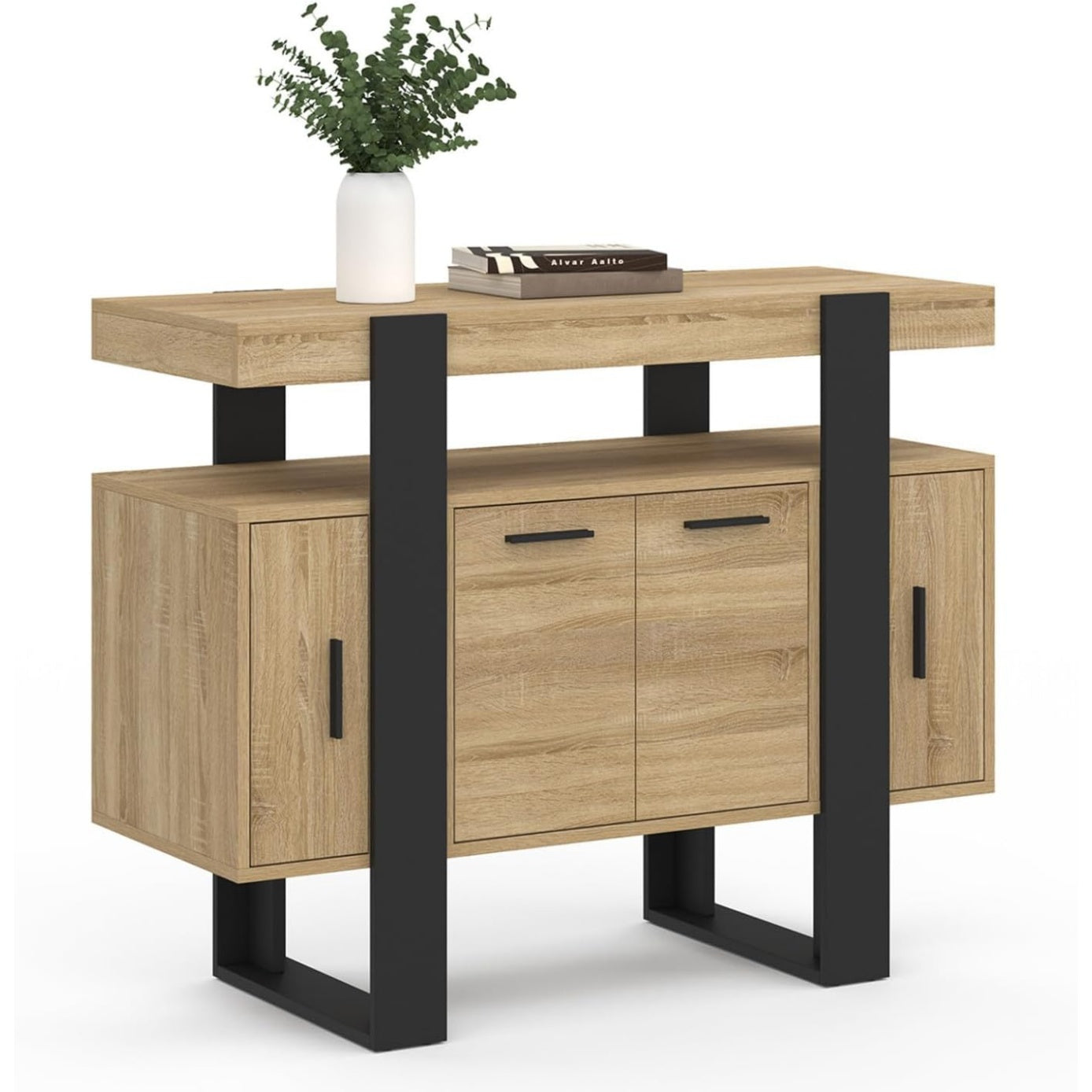 Buffet compact 100 cm finition bois noir avec quatre portes pour interieur moderne