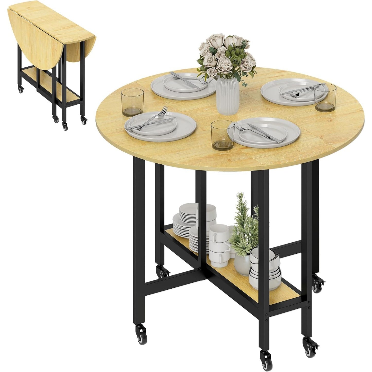 Table ronde pliante avec roulettes 100 x 100 x 75 cm, meuble pratique pour espaces flexibles