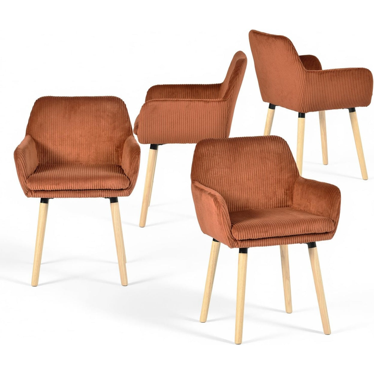 Lot de quatre fauteuils scandinaves en velours cotele rouge avec pieds bois, chaises confortables pour cuisine salon ou chambre