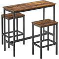 Table haute de petit dejeuner avec deux tabourets, cadre acier noir et finition bois rustique pour espace repas moderne