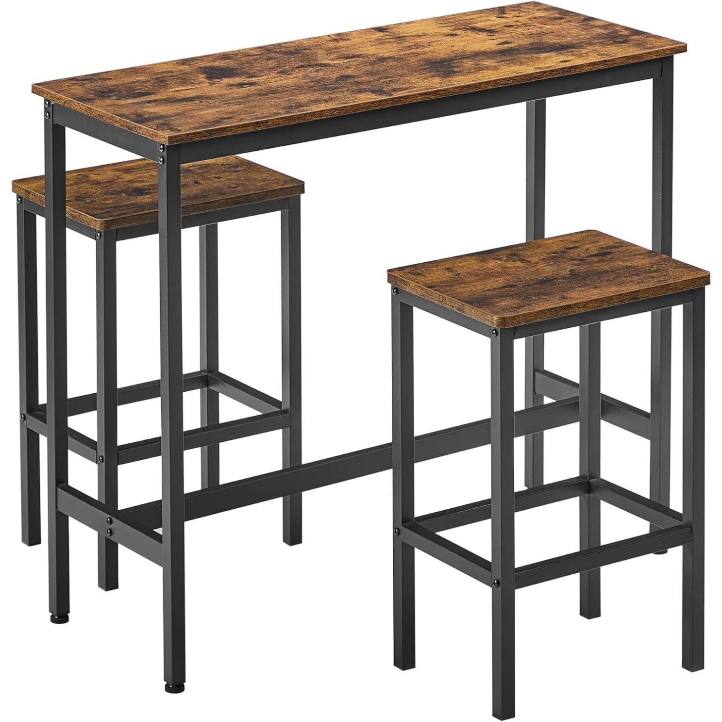 Table haute de petit dejeuner avec deux tabourets, cadre acier noir et finition bois rustique pour espace repas moderne