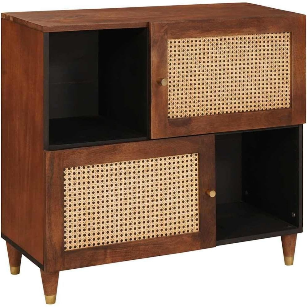 Bahut en bois massif de manguier marron 80 x 33,5 x 75 cm avec deux portes, meuble polyvalent pour cuisine salon et espace repas