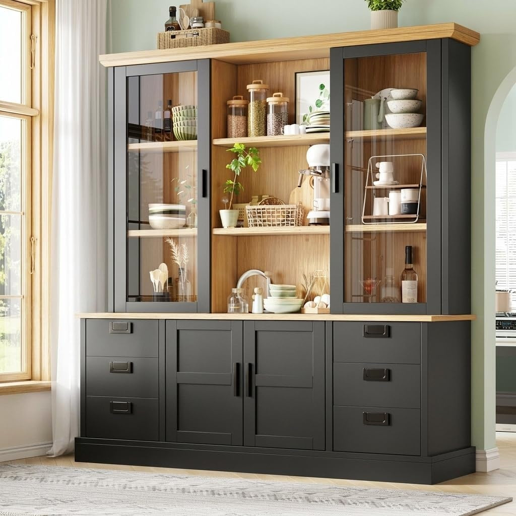 Grande armoire cuisine 185 cm noire avec plan de travail, six tiroirs et etageres reglables