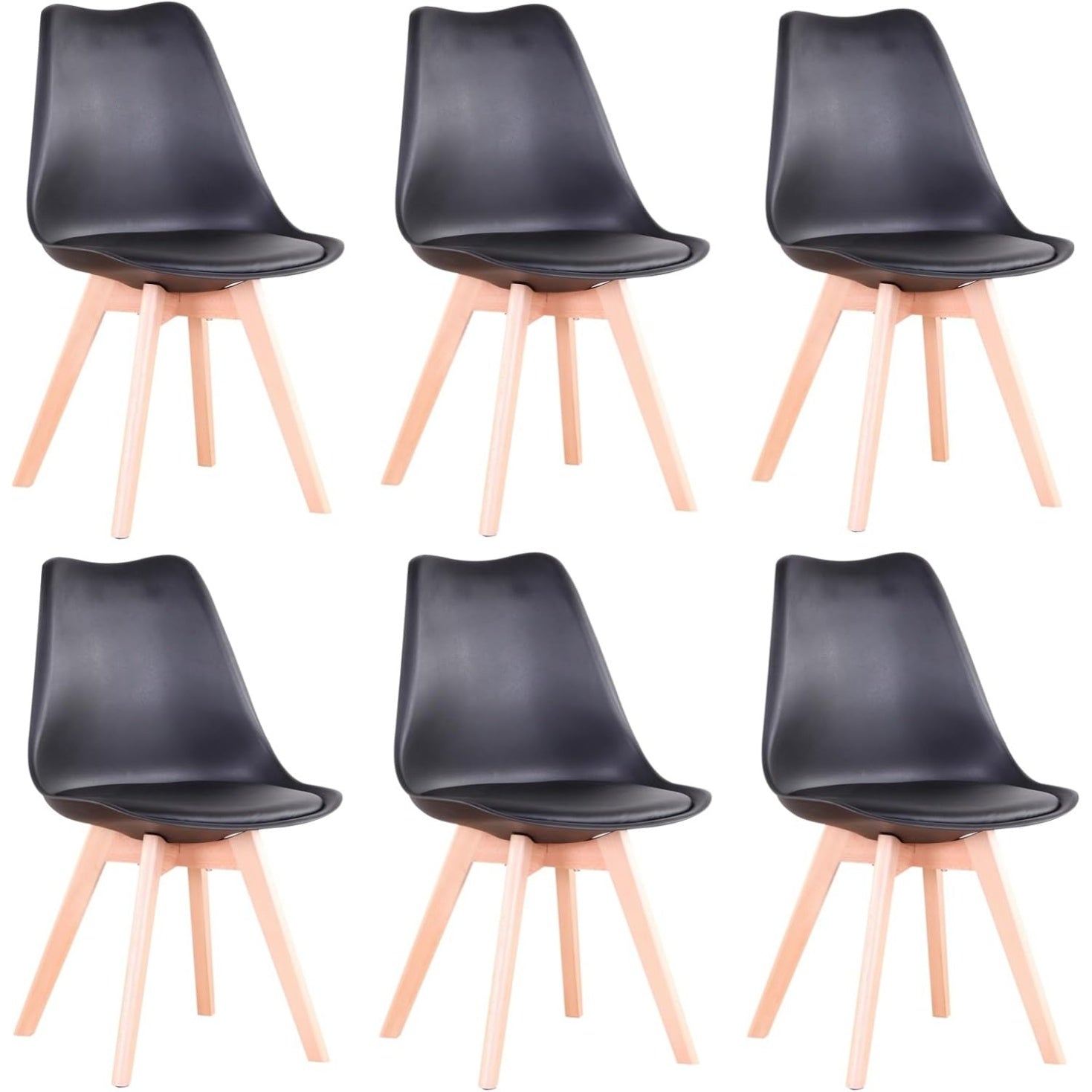 Lot de 6 chaises scandinaves noires avec pieds en bois massif, dossier ergonomique et conception confortable pour maison