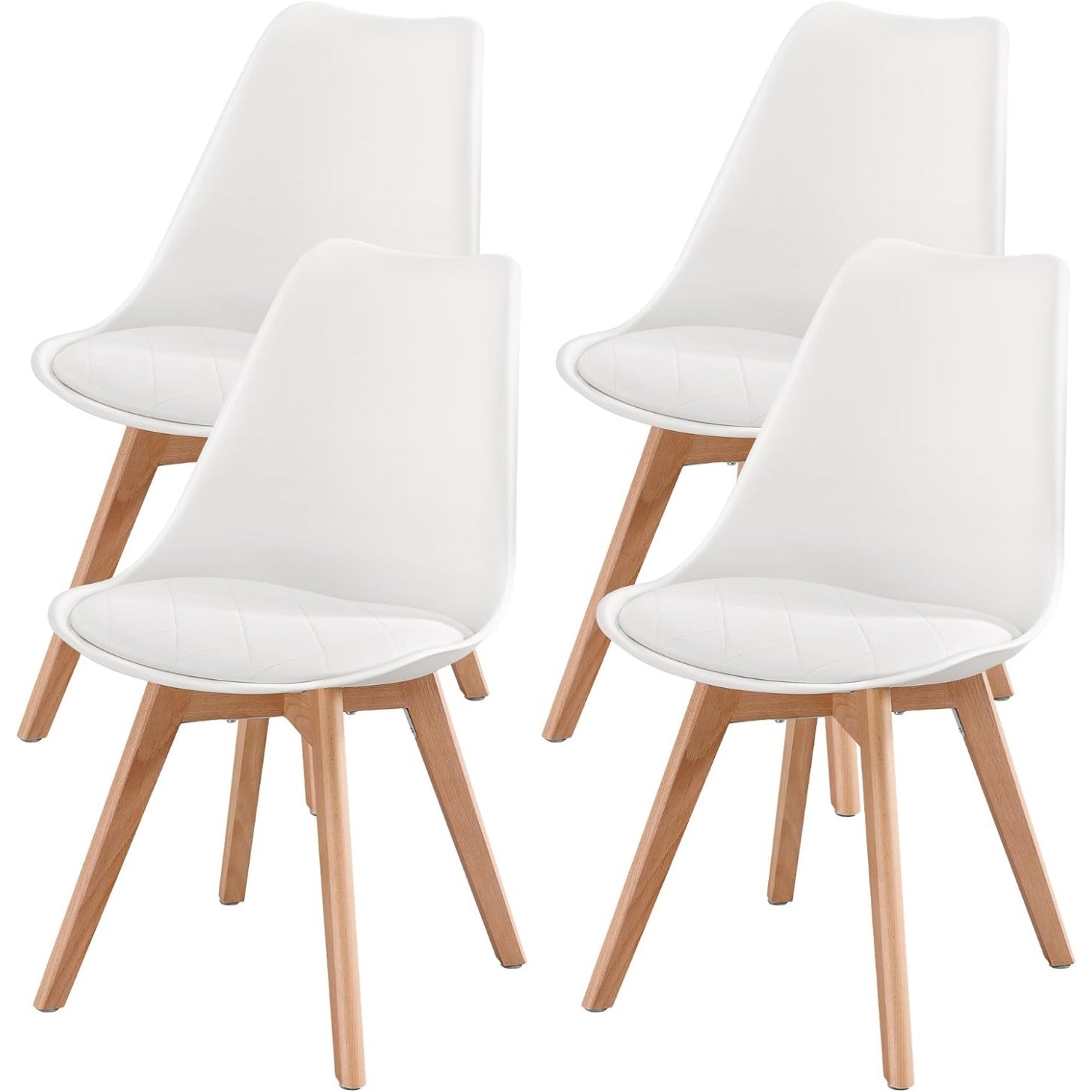 Lot de 4 chaises blanches avec assise PU, pieds en hetre massif et finition elegante pour interieur