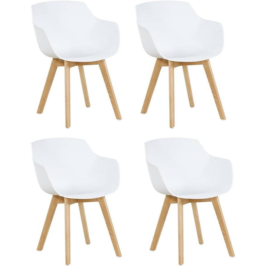 Lot de 4 fauteuils blancs scandinaves avec accoudoirs et pieds en hetre massif pour cuisine ou espace repas